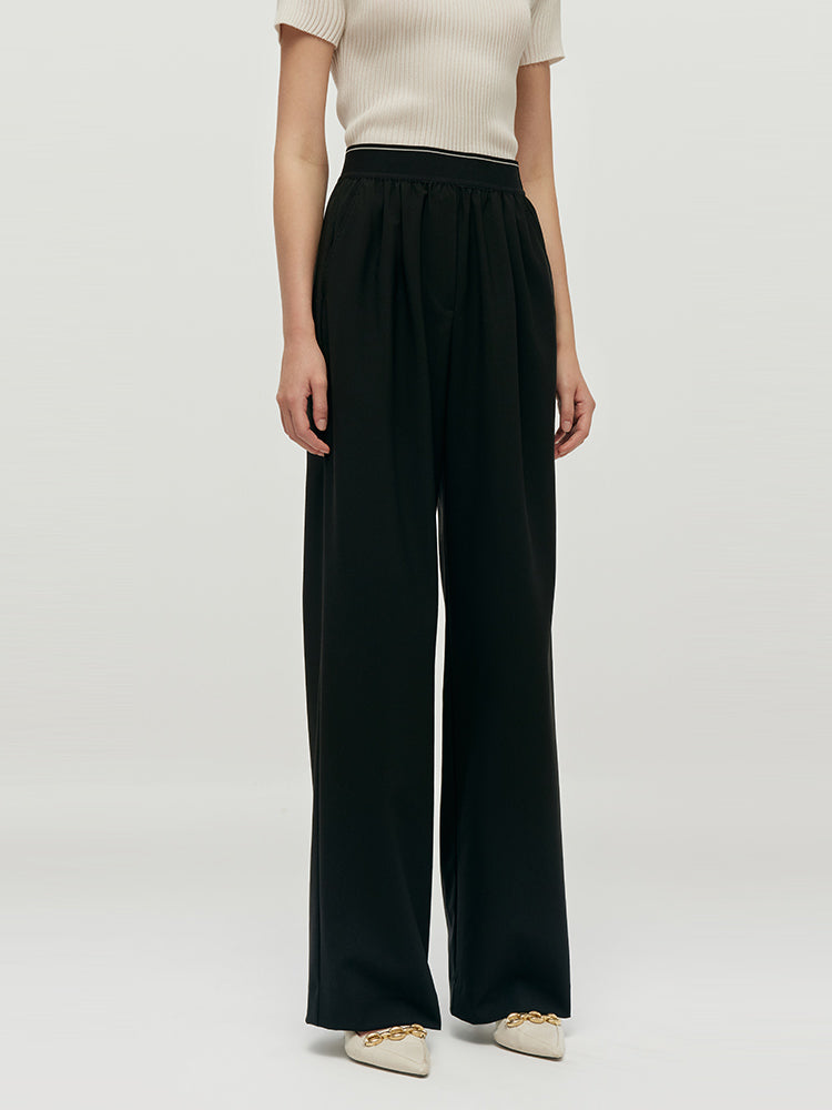 Worsted Woolen Straight Pants With Elastic Waistband GOELIA