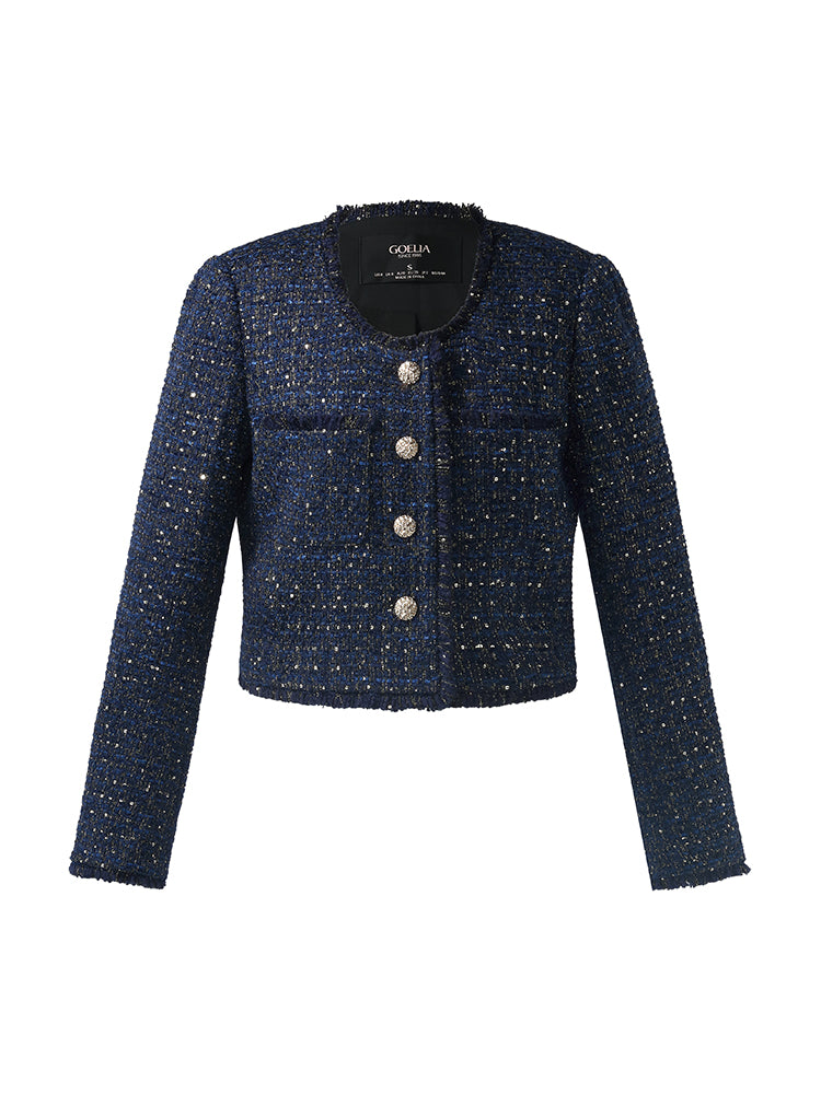 Wool Blend Tweed Square Neck Women Crop Jacket GOELIA