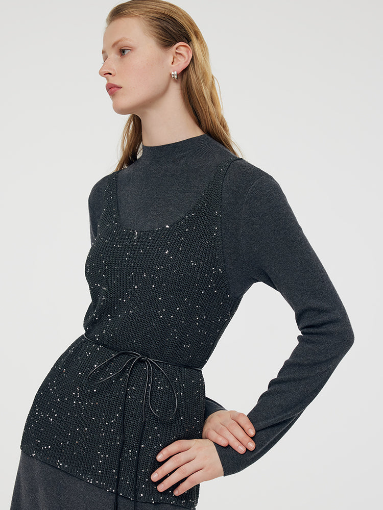 Sequins Vest And Mock Neck Midi Dress Two-Piece Set With Belt GOELIA