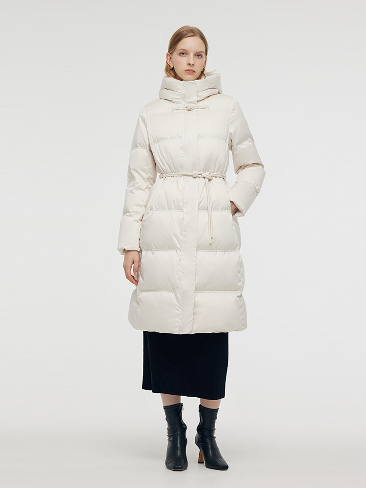 Gathered Waist Hooded Long Goose Down Coat GOELIA