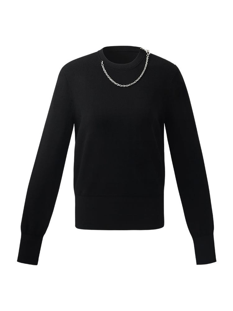 Black Long Sleeve Women Knit Top With Detachable Necklace GOELIA