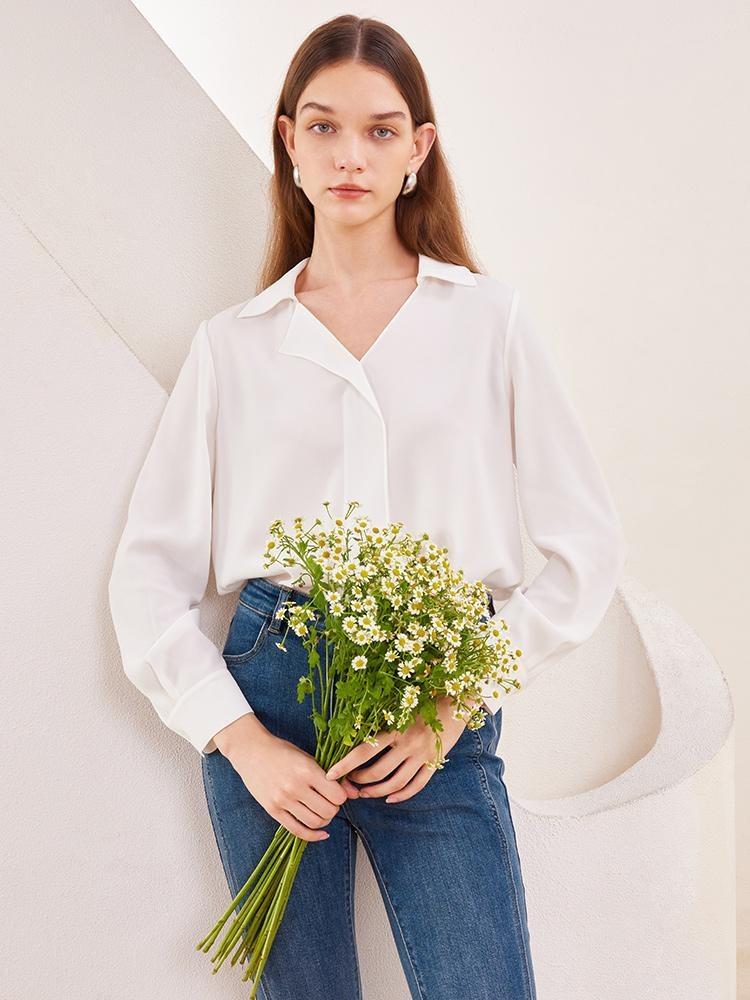 White Asymmetric Collar Woven Blouse GOELIA