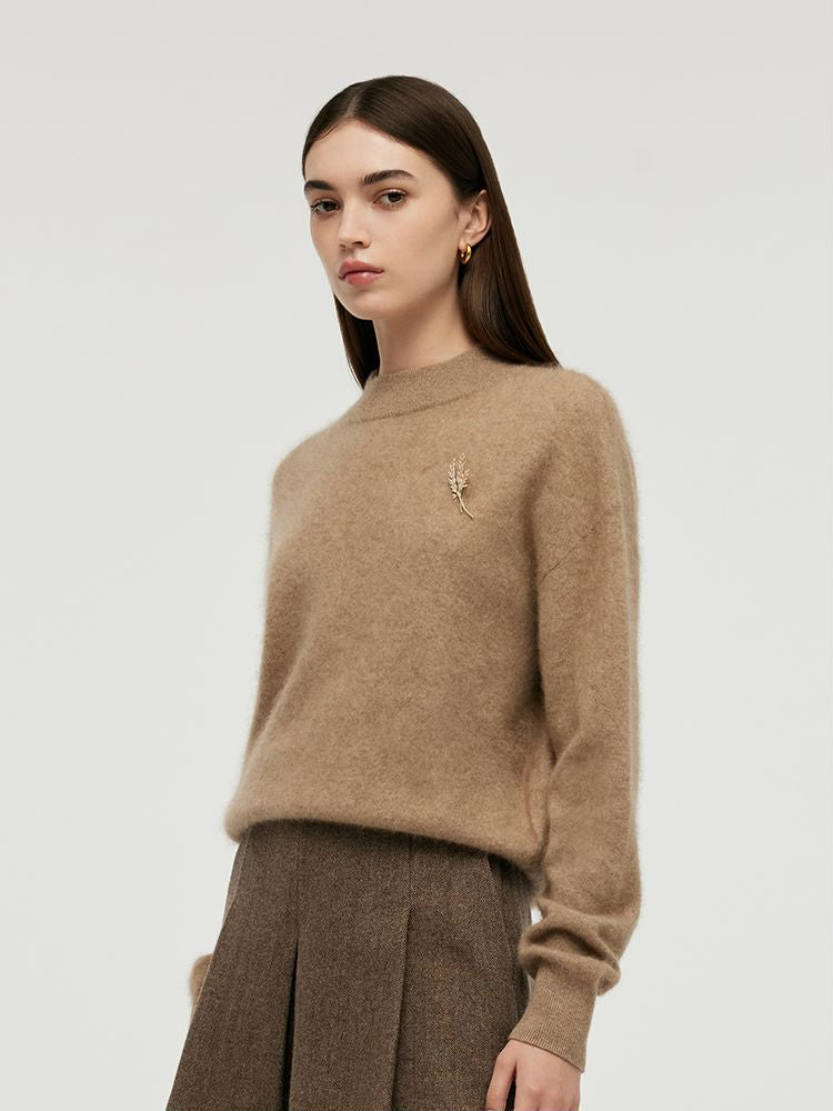 Cashmere Mock Neck Women Sweater With Wheat Ear Brooch GOELIA