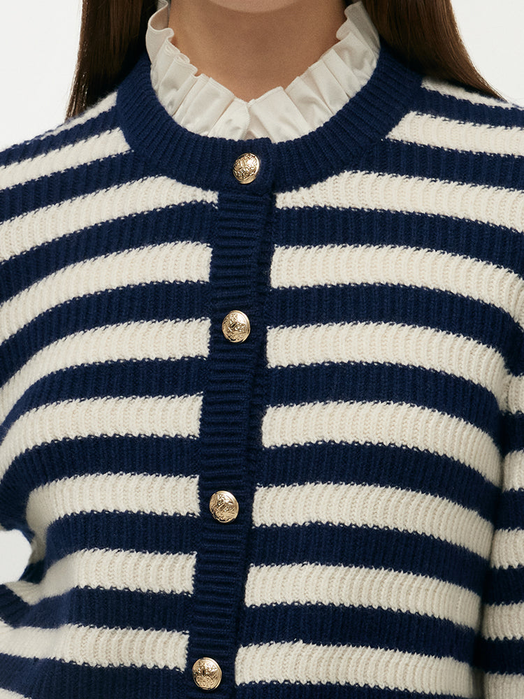 Blue And White Stripe Women Cardigan With Detachable Ruffle Collar GOELIA