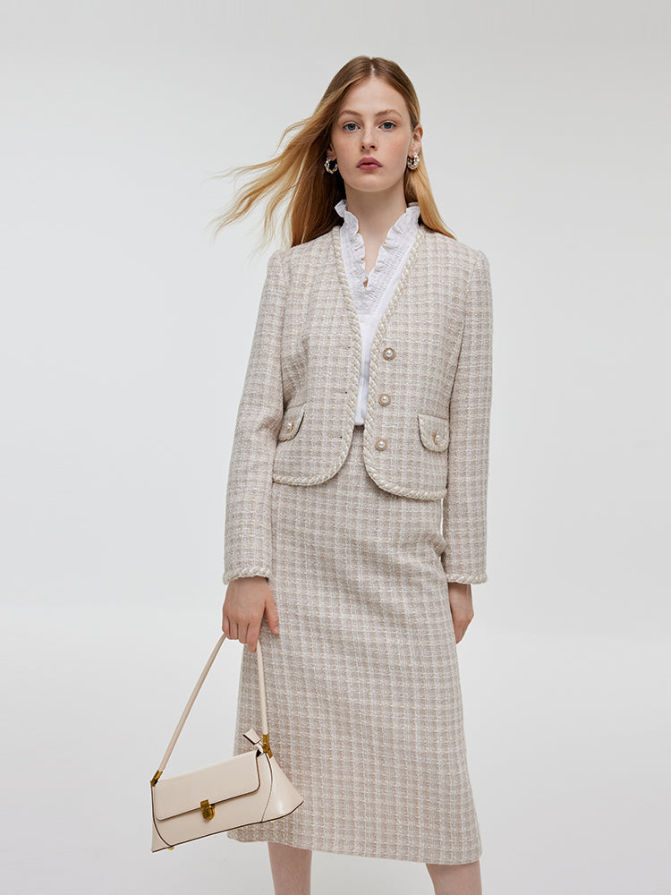 Wool Blend Tweed V-Neck Women Crop Jacket And Skirt Two-Piece Set GOELIA