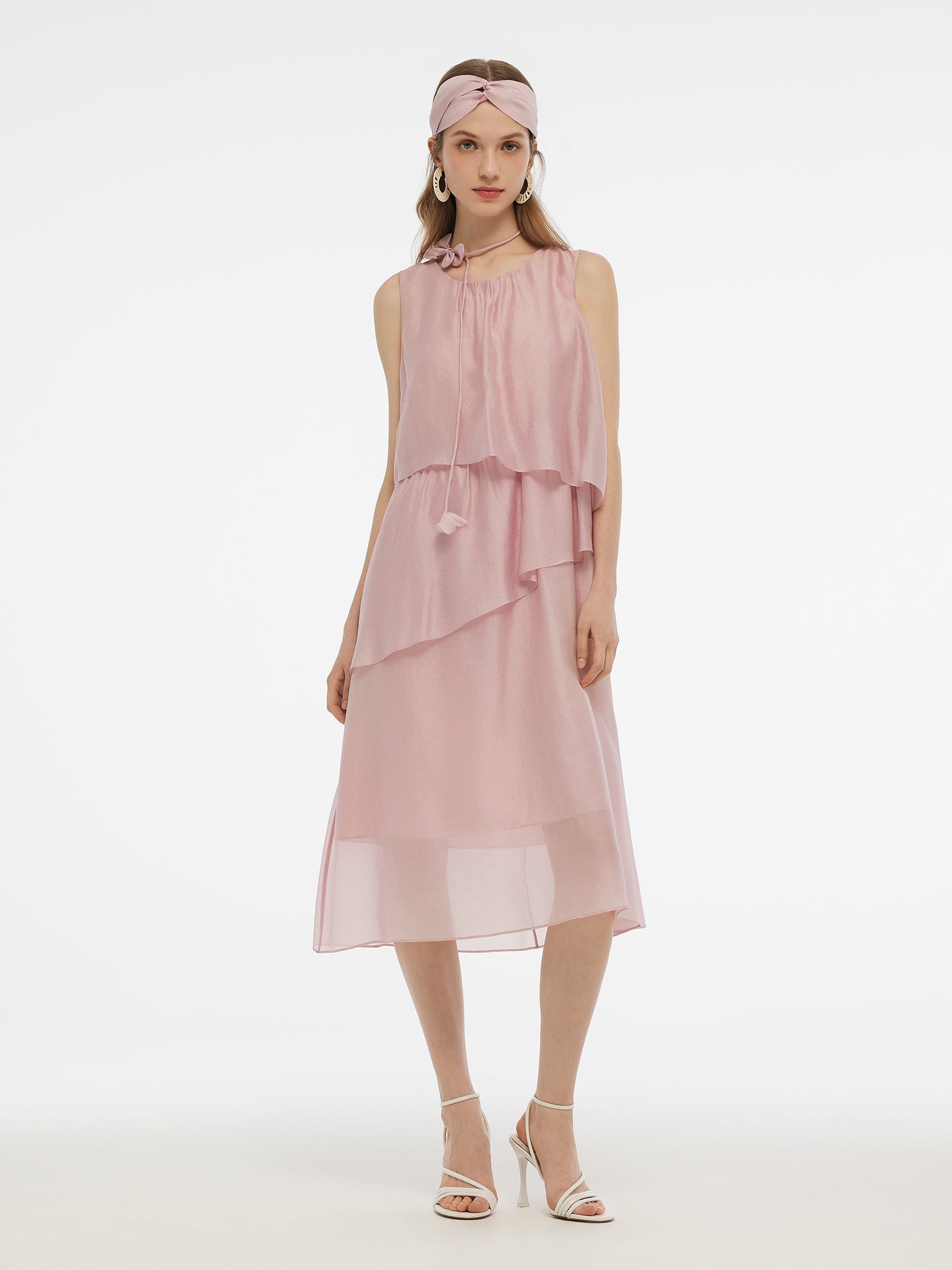 Ruffle Women Tiered Vest Midi Dress With Hairband And Bowknot Belt GOELIA