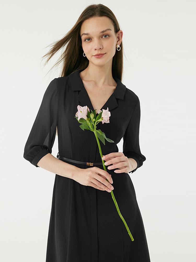 Black Gathered Waist Midi Dress GOELIA