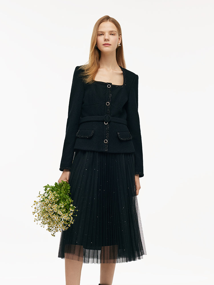 Wool Crop Jacket And Tulle Skirt Two-Piece Set With Belt GOELIA