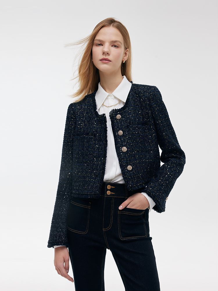 Wool Blend Tweed Square Neck Women Crop Jacket GOELIA