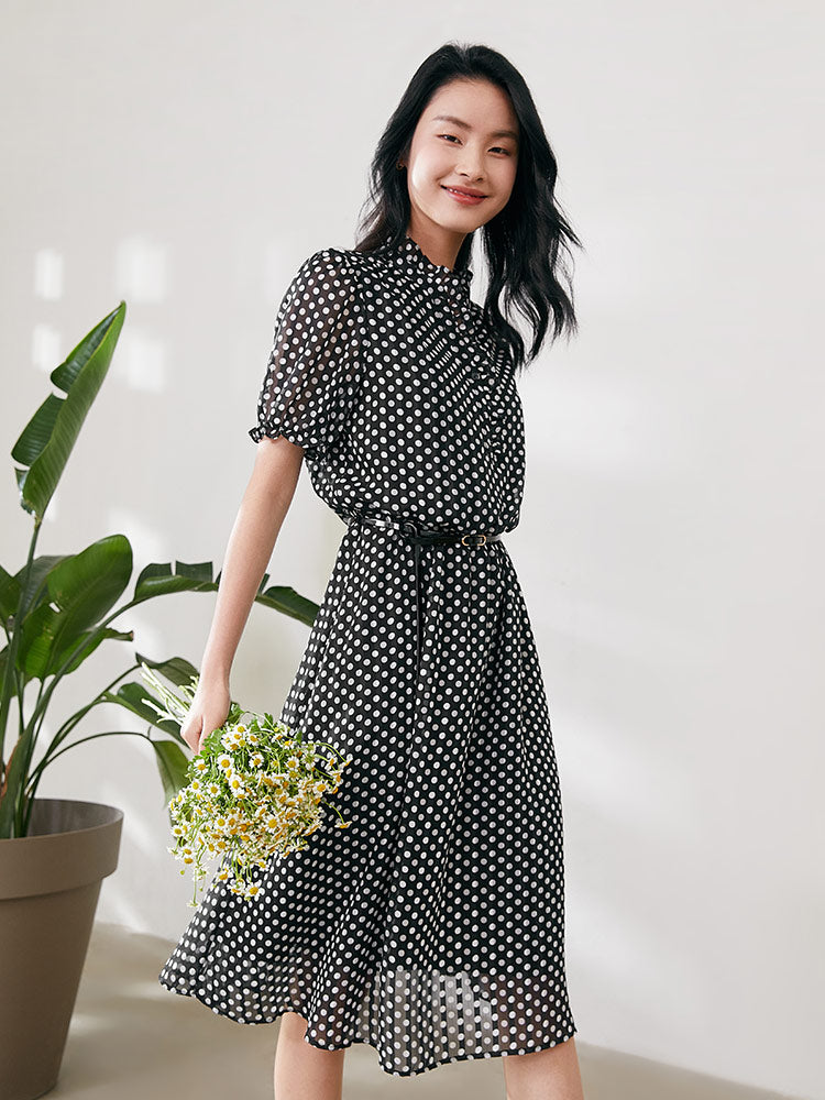 Short Sleeve Gathered Waist Polka Dots Midi Dress GOELIA