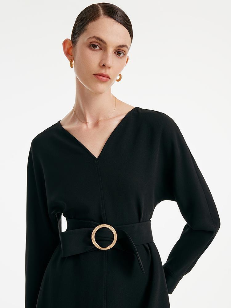 Acetate V-neck Long-sleeved Dress With Belt GOELIA