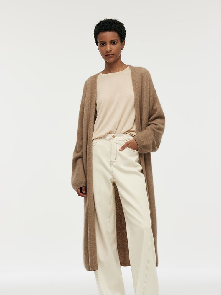 Light Camel Brushed Cashmere Long Women Cardigan GOELIA