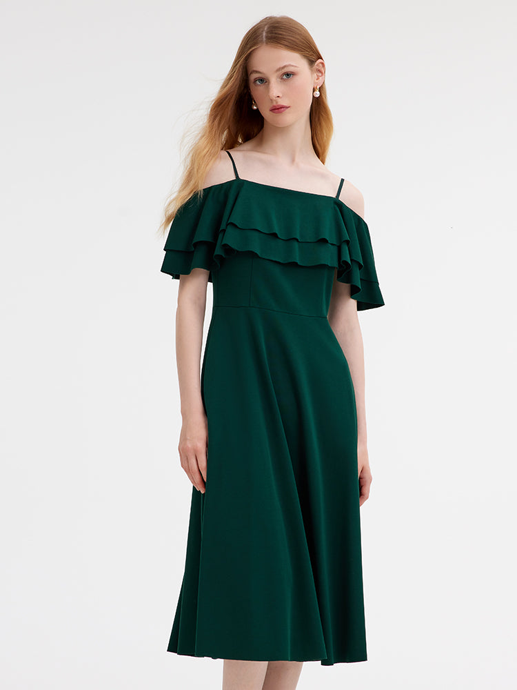 Off-Shoulder Ruffle Trim Knitted Dress GOELIA