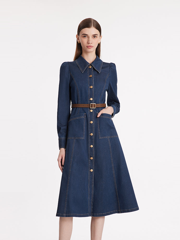 Single-Breasted Lapel Women Midi Denim Dress With Belt – GOELIA