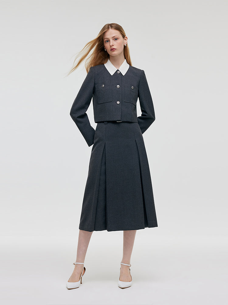 Wool Blend Crop Jacket And A-Line Skirt Two-Piece Set With Leather Belt GOELIA