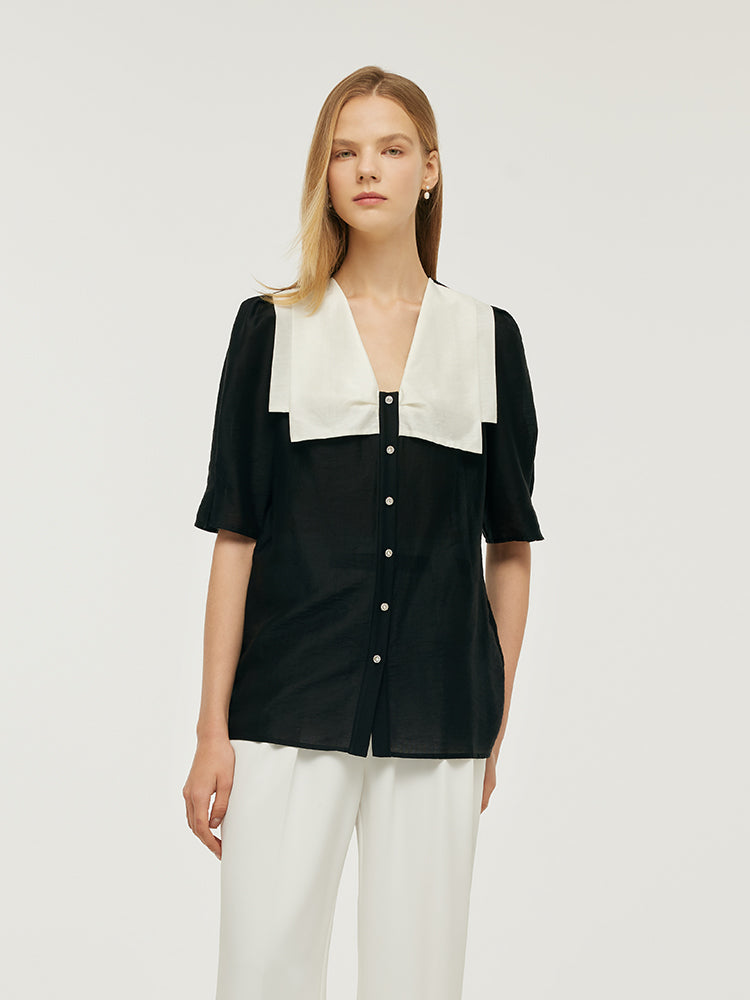 Tencel Patchwork Lapel Women Shirt GOELIA