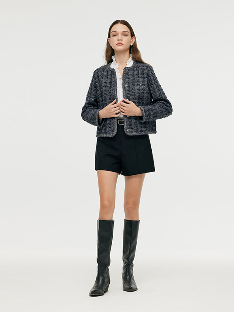 Wool Blend Tweed Sequins Women Crop Jacket GOELIA