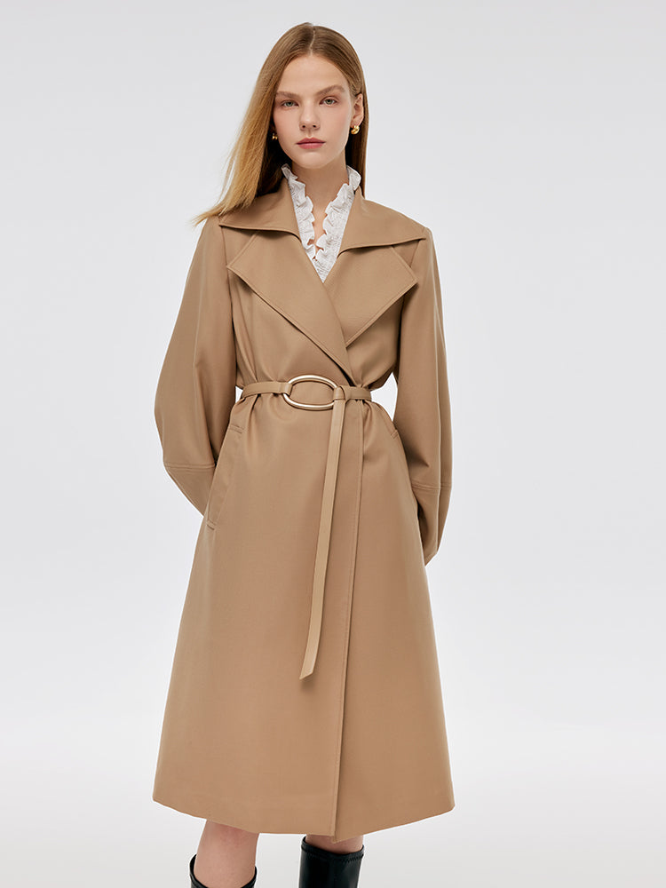 Worsted Wool Lantern Sleeve Women Trench Coat With Leather Belt GOELIA