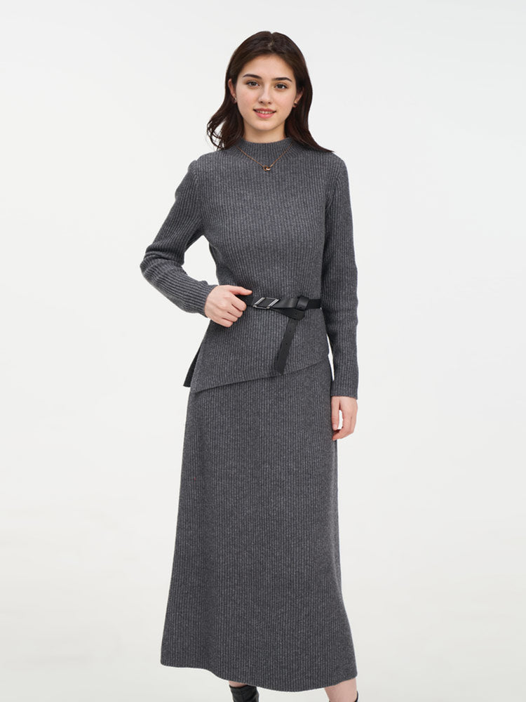 Wool Blend Mock Neck Sweater And A-Line Skirt Two-Piece Set With Belt GOELIA