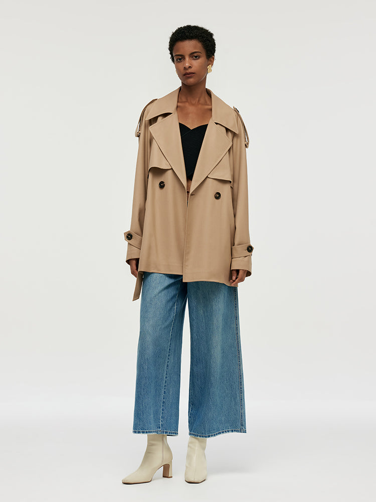 Worsted Wool Women Cropped Trench Coat With Belt GOELIA