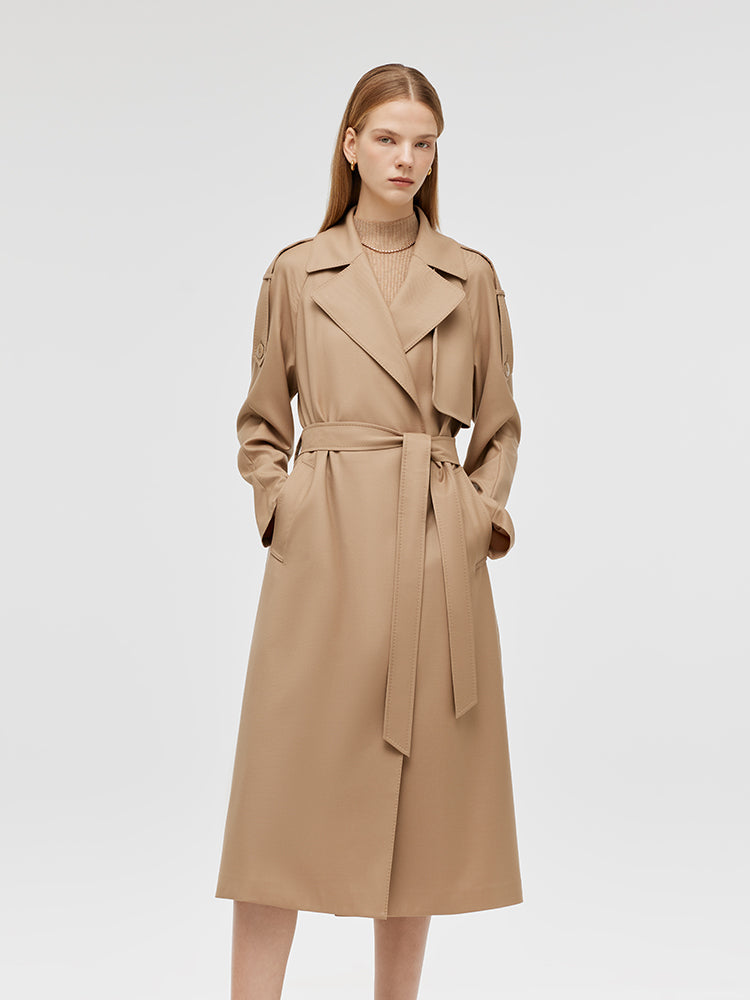 Worsted Wool Lapel Women Trench Coat With Belt GOELIA