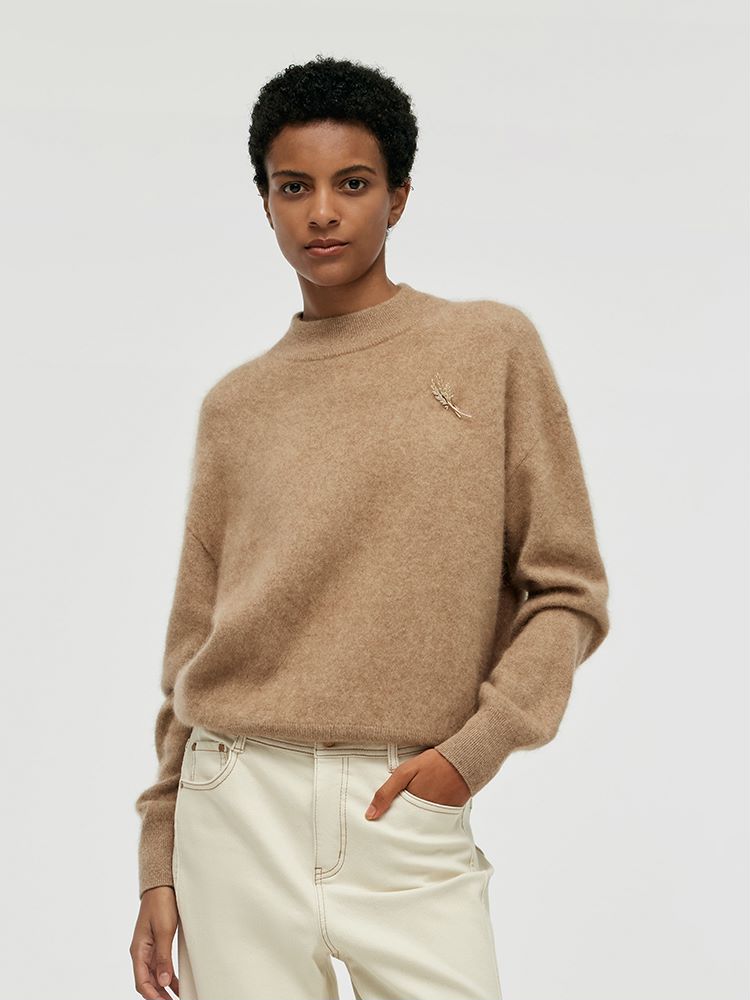 Cashmere Mock Neck Women Sweater With Wheat Ear Brooch GOELIA