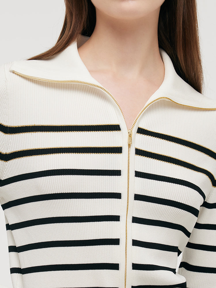 Black And White Stripe Zip-Up Women Cardigan GOELIA