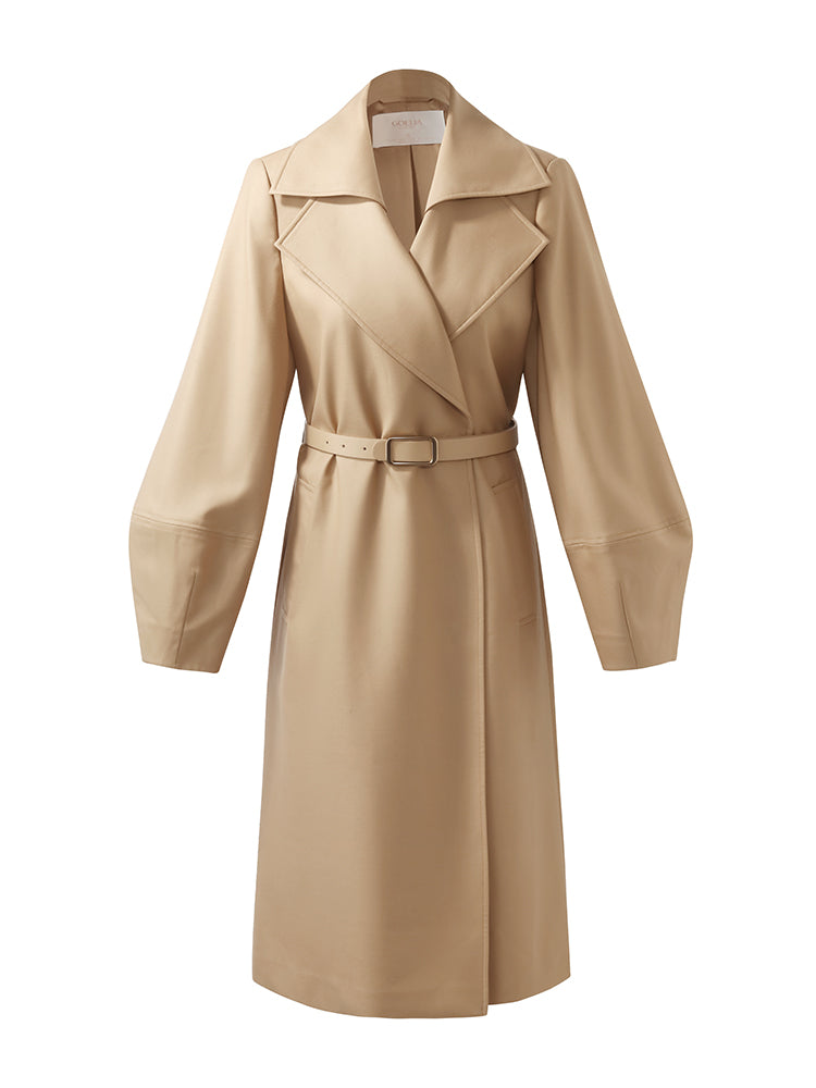 Worsted Wool Lantern Sleeve Women Trench Coat With Leather Belt GOELIA