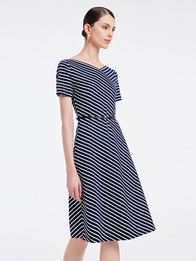 Knitted Stripe Dress With Leather Belt GOELIA