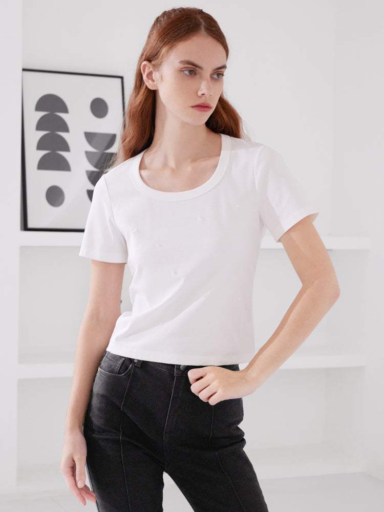 Round Neck Bead Slim T-shirt GOELIA