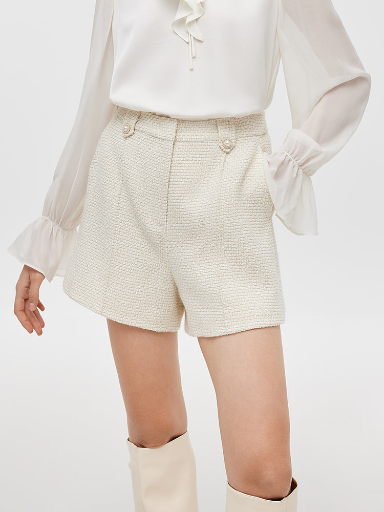 Ivory White Tweed A-Line Women Shorts GOELIA