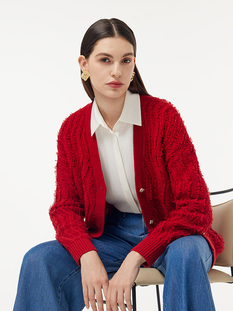 100% Wool Chili Red Women Cardigan GOELIA