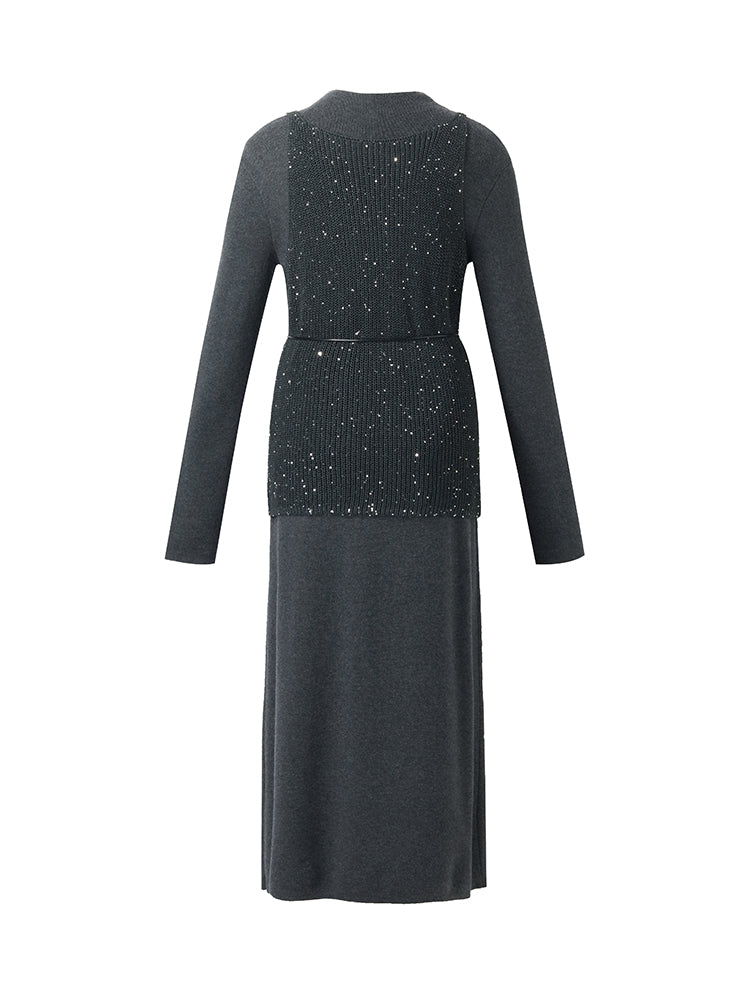 Sequins Vest And Mock Neck Midi Dress Two-Piece Set With Belt GOELIA