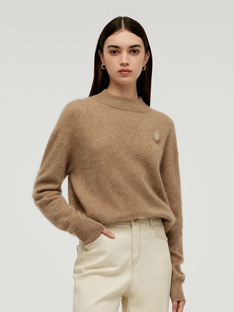 Cashmere Mock Neck Women Sweater With Wheat Ear Brooch GOELIA