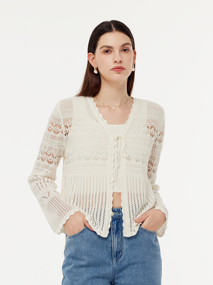 Linen Cotton Openwork Tie Front Women Cardigan GOELIA