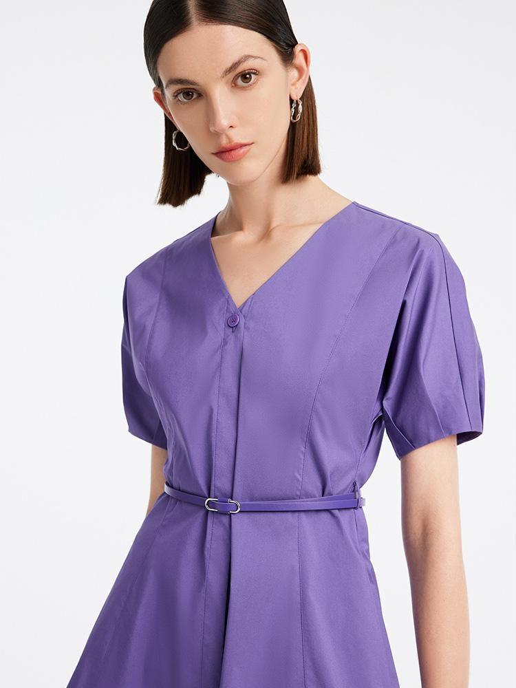 Cotton Short Sleeve V-neck Mini Dress With Belt GOELIA