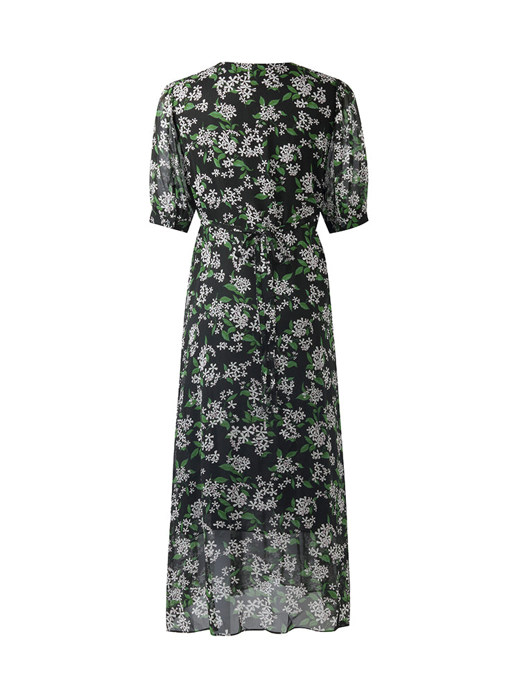 10 Momme Mulberry Silk Floral Printed Women Midi Dress GOELIA