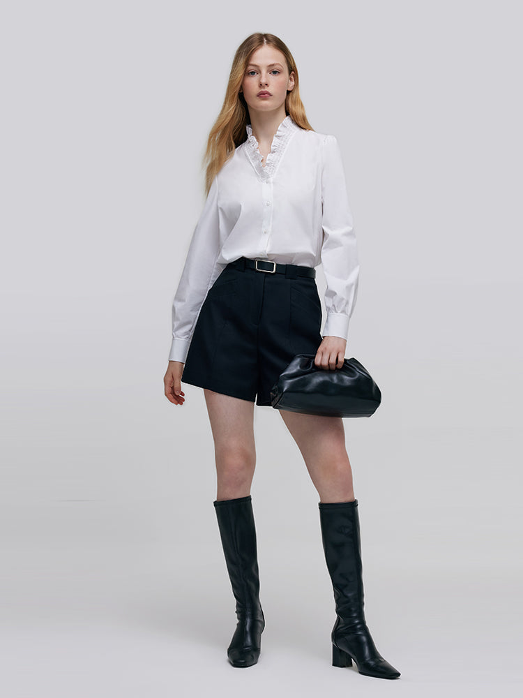 Ruffle Collared V-Neck Women Shirt GOELIA