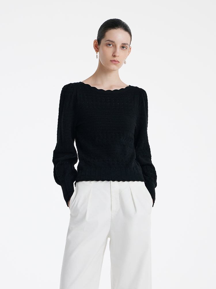 Tencel Wool Blend Wave Cut Collar Women Sweater GOELIA