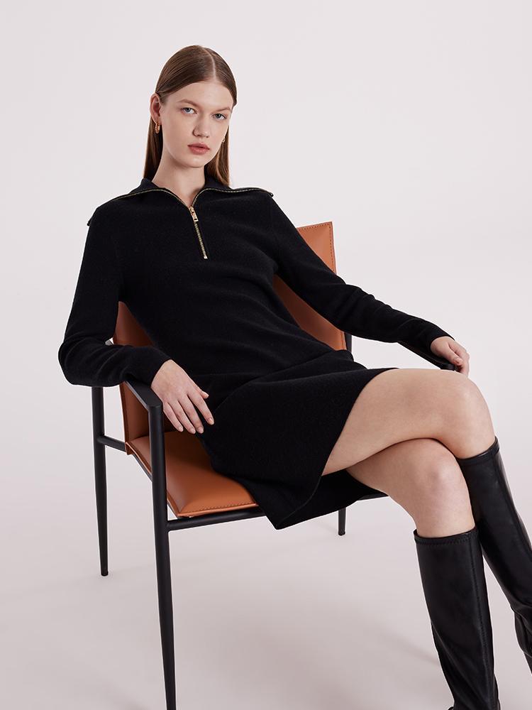 Black Wool Knit Lapel Dress With Zip GOELIA