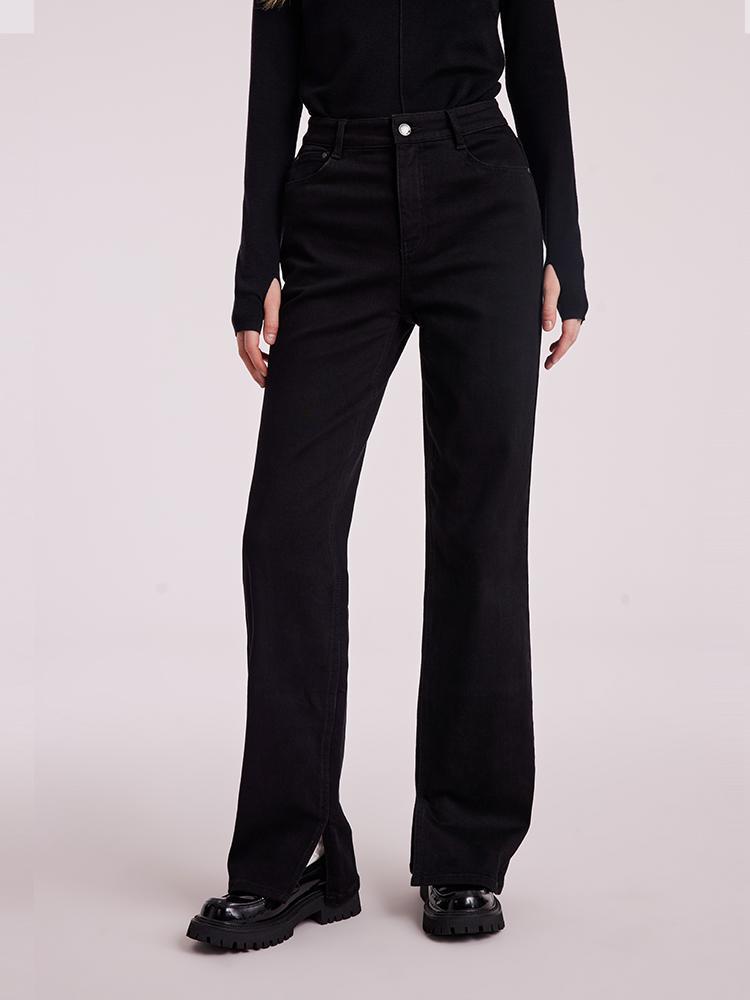 Black Full Length Slit Straight Jeans GOELIA