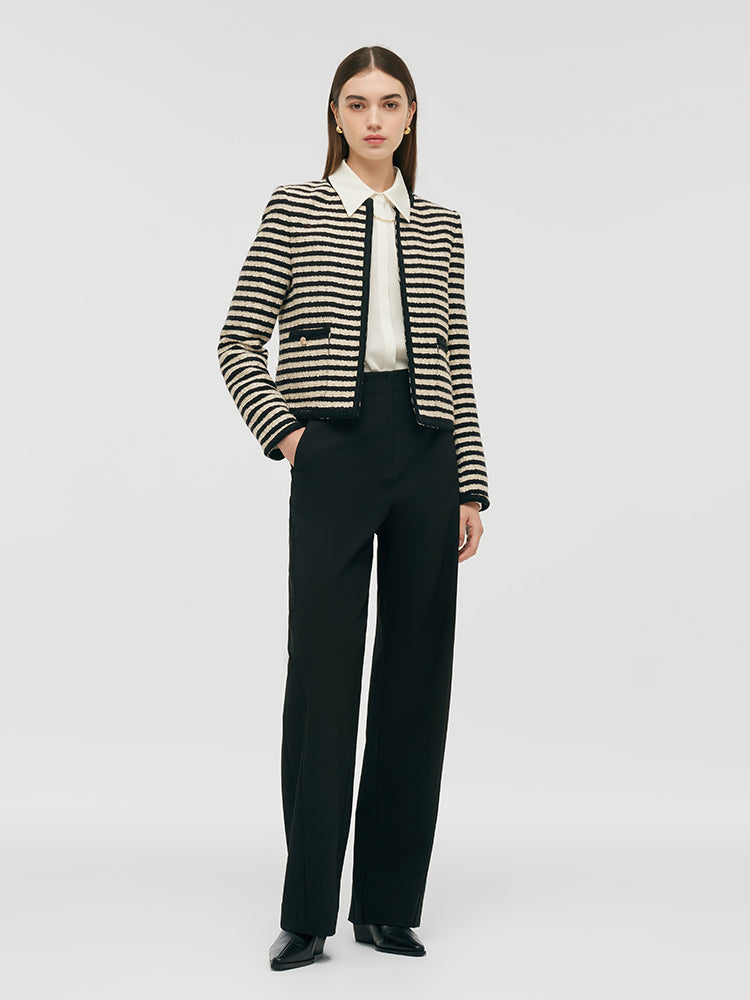 Wool Blend Black And White Stripe Tweed Women Crop Jacket GOELIA