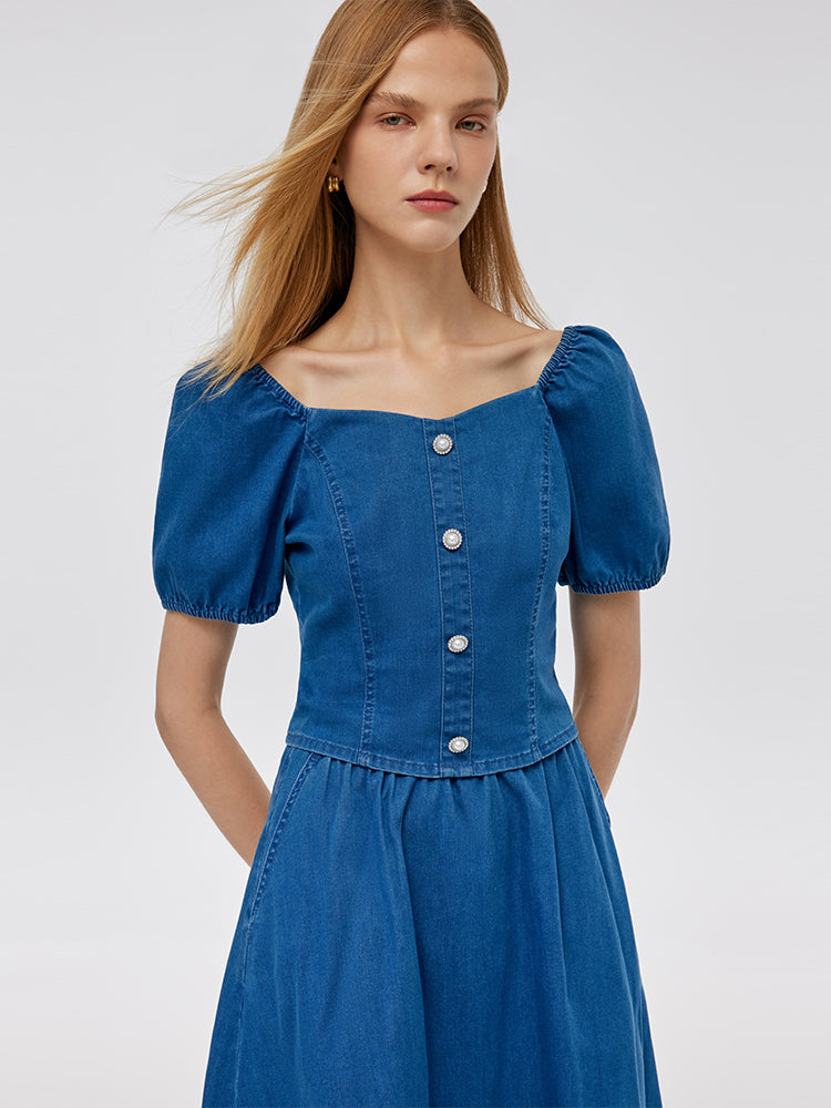 Denim Puff Sleeves Top And A-Line Skirt Two-Piece Set GOELIA