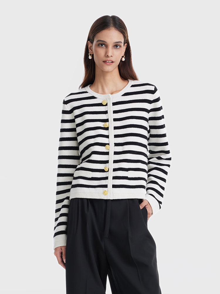 Button Up Woolen Striped Lady Cardigan GOELIA