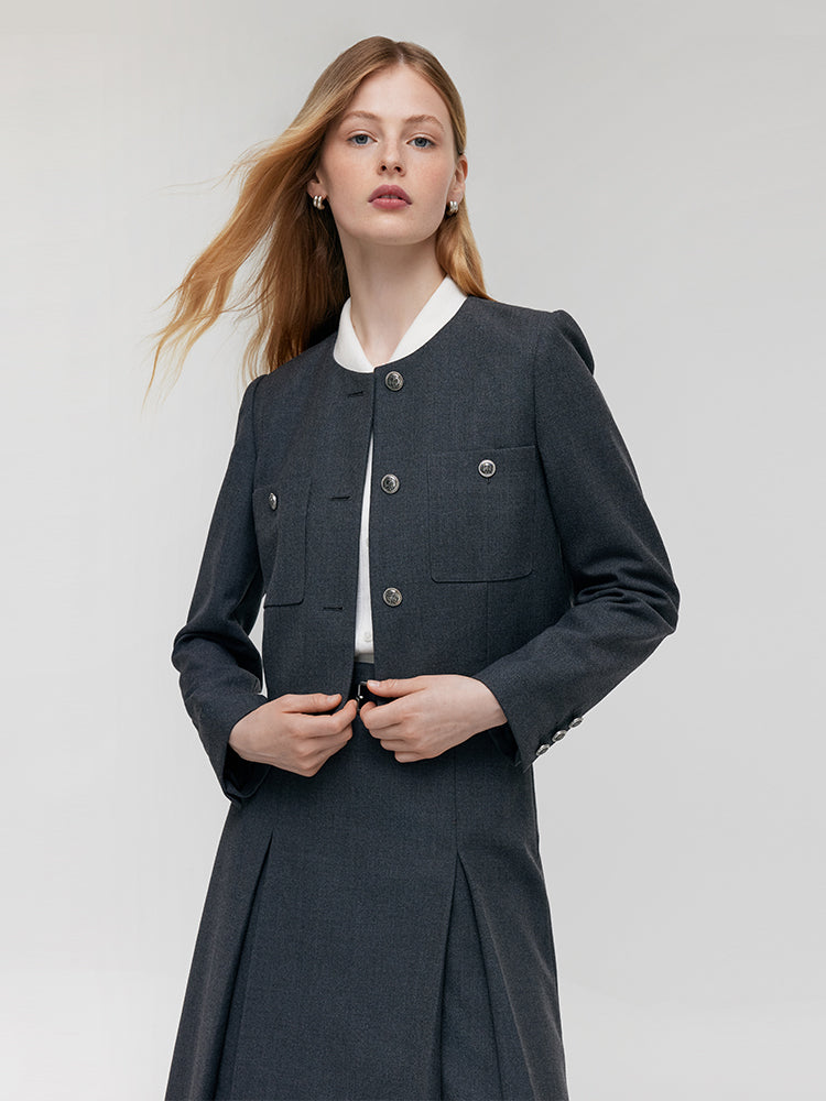 Wool Blend Crop Jacket And A-Line Skirt Two-Piece Set With Leather Belt GOELIA