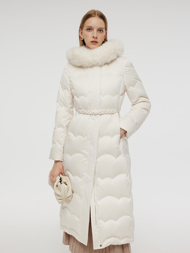 Belted Long Goose Down Coat With Detachable Faux Fur Hood GOELIA