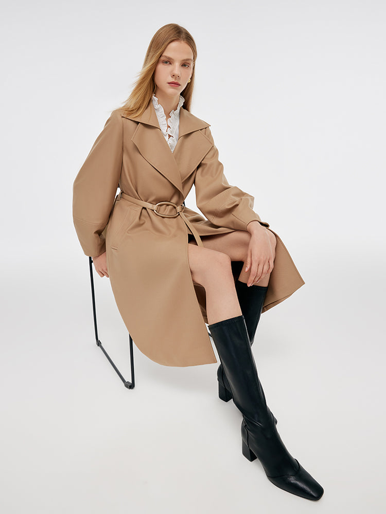 Worsted Wool Lantern Sleeve Women Trench Coat With Leather Belt GOELIA