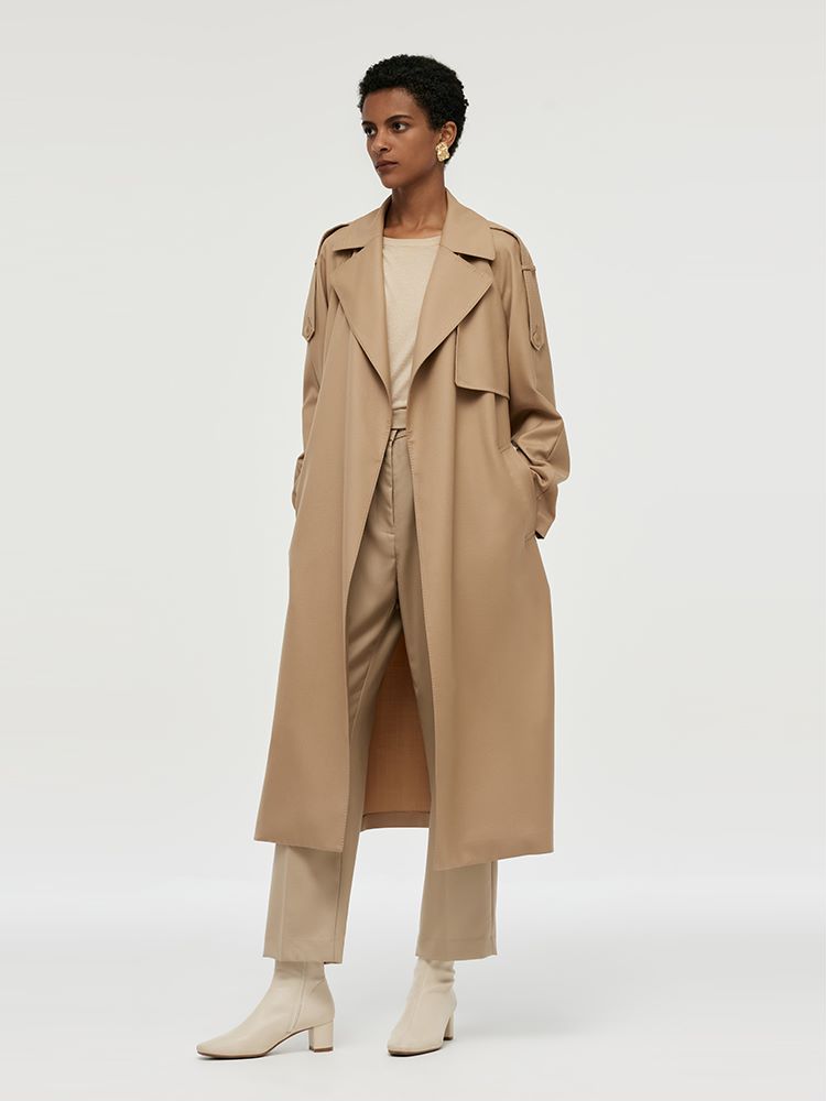 Worsted Wool Lapel Women Trench Coat With Belt GOELIA