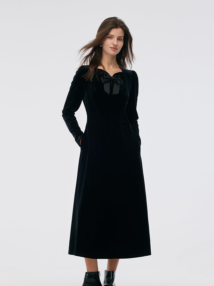 Velvet Scallop Neckline Women Midi Dress GOELIA