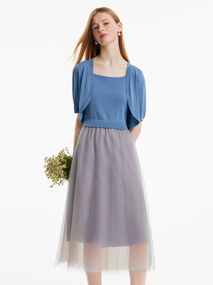 Two-Piece Set Blue Cardigan And Mesh Skirt GOELIA